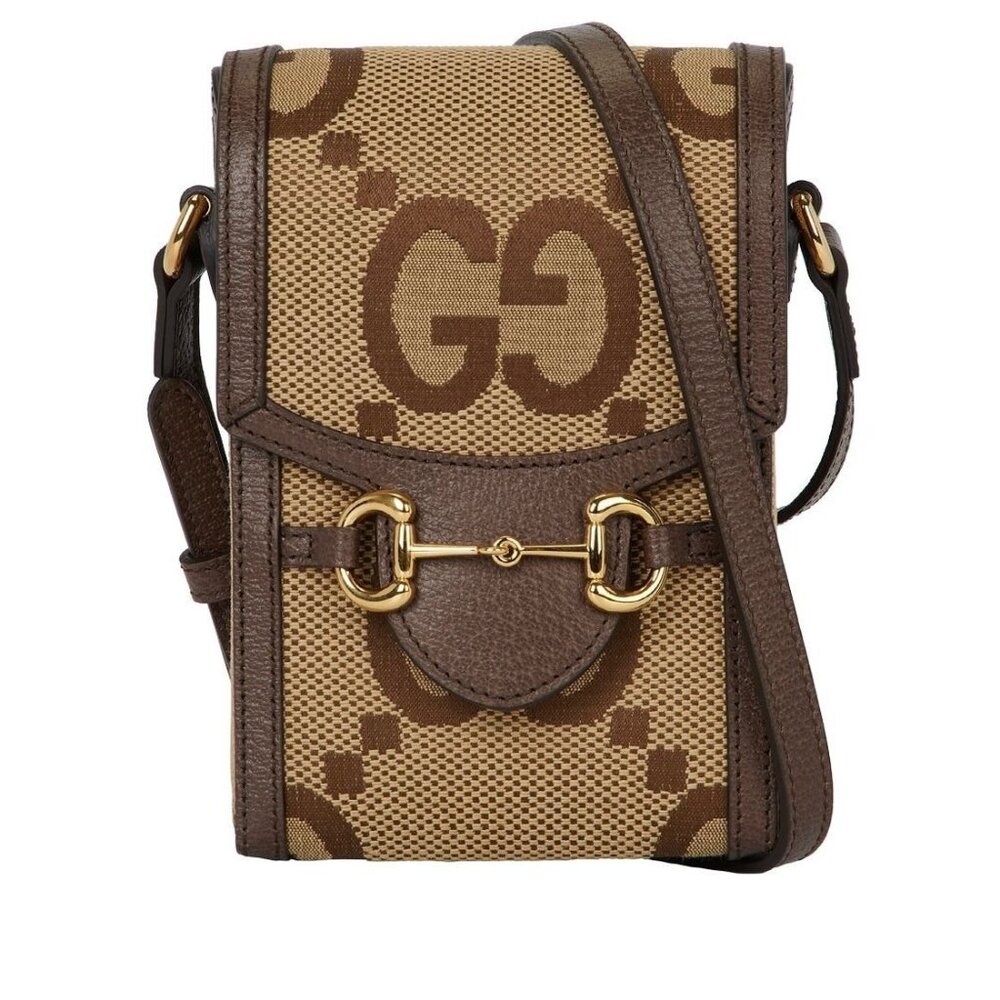 Gucci Horsebit 1955 Jumbo GG Canvas Calfskin Mini Bag Camel Ebony 625615